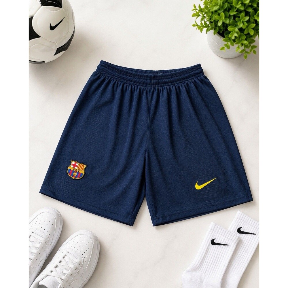 Nike FC Barcelona Shorts Navy Blue Soccer Athletic Training Shorts Yellow Swoosh